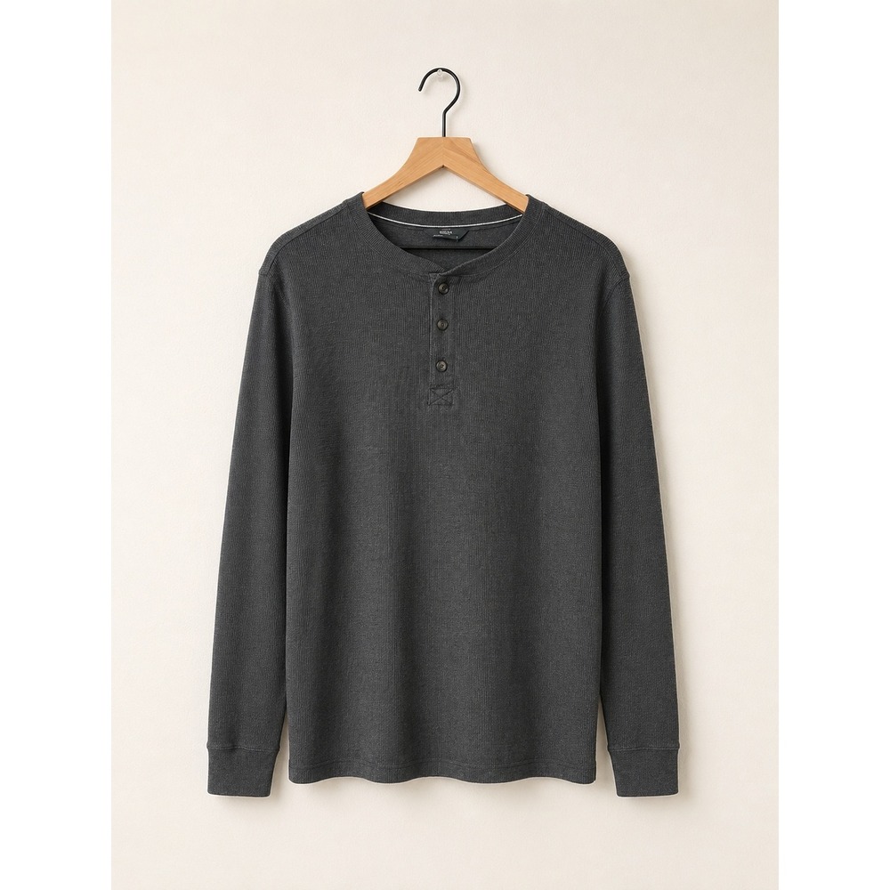 Henley Thermal Long Sleeve Shirt Charcoal Grey Cotton Blend Waffle Knit Large